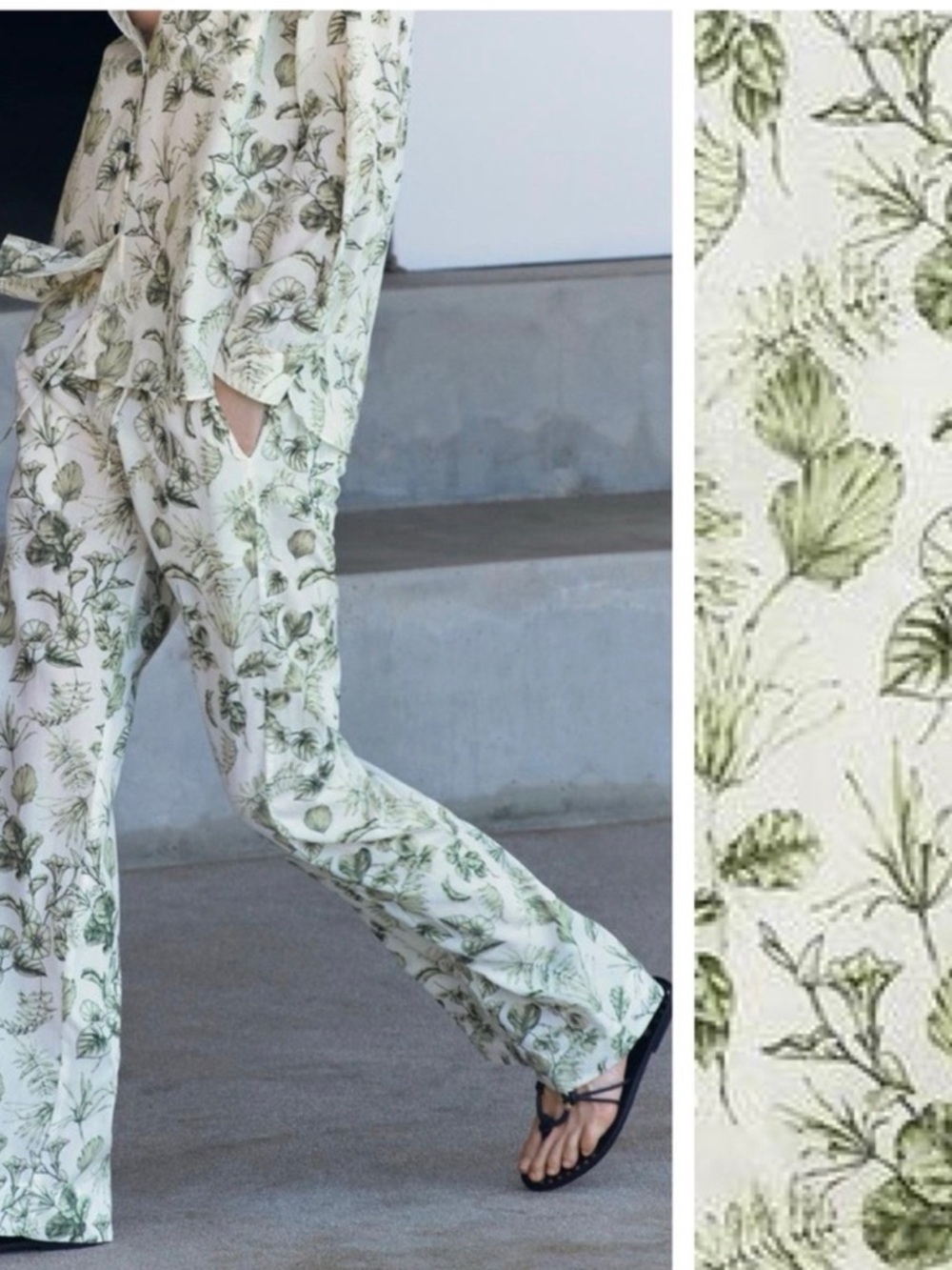 Zara Cream Wide-Leg Pants with Green Botanical Print - Picture 2 of 10